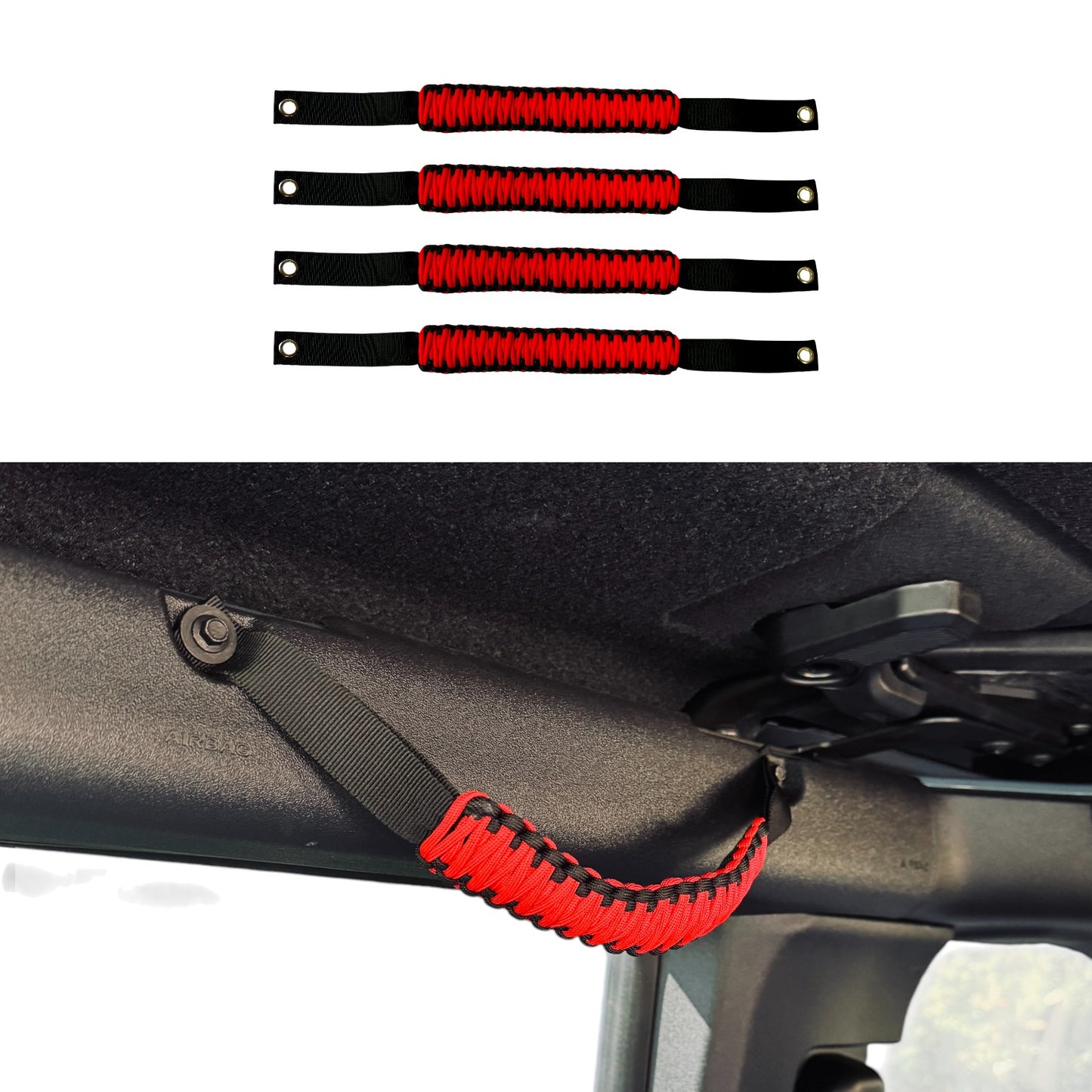 JSD Roll Bar Grab Handles Paracord Grip Handle for Ford Bronco 2021 2022 2023 2024 2025 2&4 Door, 4Pack, Black with Red