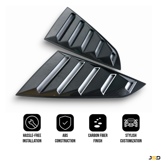 JSD Vintage Quarter Window Louvers for 15-23 Mustang Fastback; Carbon Fiber Print