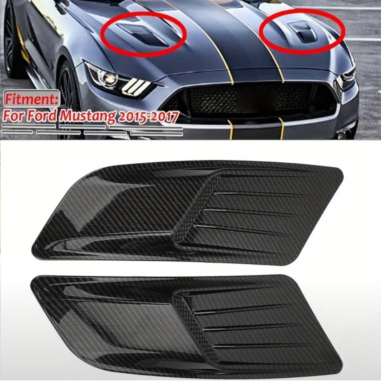 Hood Vent Scoop Covers; Carbon Fiber Style (15-17 Mustang)